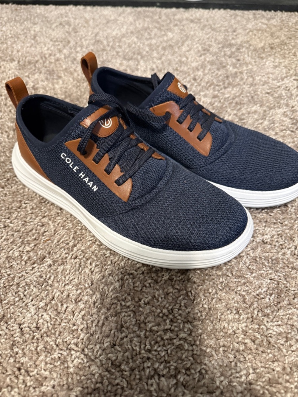 Cole Haan Grand Sport Journey Navy Knit Sneakers with Brown Accents Mens 7.5